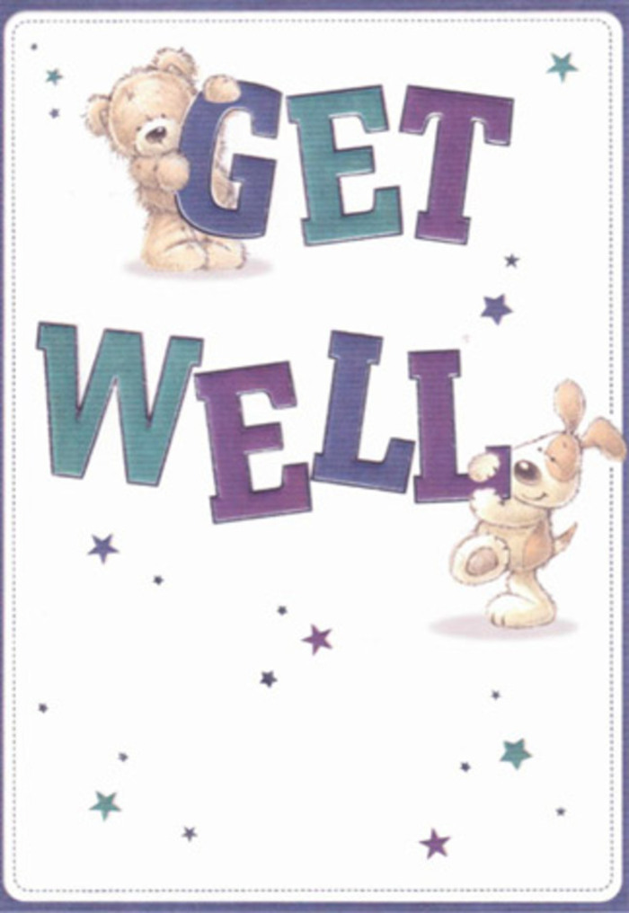 A scene of gentle reassurance unfolds on this get well card, where a cuddly bear and a friendly pup collaborate to send wishes of healing and happiness. Their animated poses and soft textural fur create a sense of comfort, as if the whole of Welwyn is reaching out in support. The design centres on bold, hand-painted letters spelling 'Get Well,' shaded in joyful purples and aquas, with each animal character gracefully holding up the message. Starbursts and whimsical sparks in shades of blue and violet sprinkle the ivory background, much like the evening glow across Sherrardspark Wood or twinkling river reflections near Digswell. The overall composition has a tactile richness-the kind you find in a basket of handpicked flowers from a trusted Welwyn florist. The animals' affectionate faces and warm hues establish an immediate connection, filling the card with heartfelt encouragement. Just as a carefully curated bouquet can rejuvenate a loved one's spirit, this card delivers visual healing and hope, its artistry shining with local personality and gentle intent. It's easy to imagine pairing this illustration with a fresh arrangement from Flowers Welwyn for a personalised gesture crafted to brighten any recovery.