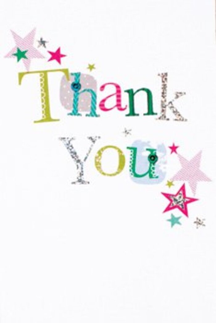 The design of this thank you card offers both grace and exuberance-its composition quietly sophisticated with just the right touch of playfulness that resonates in Welwyn. Each letter radiates its own particular personality; some curve whimsically with spotty, stitched lines while others stand elegant and poised, reminiscent of the artistic spirit in the town's creative quarter. Rich hues-cerulean blue, blush pink, apple green, and glimmering silver-animate the typography, while nearby, clusters of stars gather, their stripes and metallics recalling the sparkle of early morning frost over Stanborough Park. All the vibrant elements are cushioned by an airy white setting, giving the design a feeling of openness and freshness akin to spring in Welwyn's woodlands. The card's look and feel sit perfectly between formal and relaxed, its sentiment universally warm and appropriate for any context-a thoughtful gesture of appreciation, whether handed over at a family table in Russells Crescent or gently resting beside a get-well-soon bouquet. Its contemporary, uplifting style makes it an ideal pairing to the floral and community traditions cherished through Flowers Welwyn, celebrating the simple act of saying 'thank you' in pure colour and heartfelt artistry.