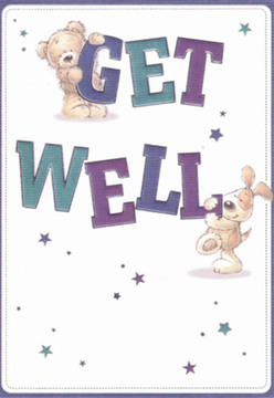 This lovingly illustrated get well card radiates encouragement and sincerity, its message brought sweetly to life by two caring friends-a plush teddy and a playful puppy. Their rounded forms and expressive eyes convey warmth and friendship, echoing the familiar welcome of Welwyn's local community. The bear gently holds onto the arched 'GET' rendered in rich purples, while the puppy nudges the confident 'WELL' in soothing teal, each brushstroke thoughtful and deliberate. Bright stars in shifting hues of blue, lavender, and deep violet speckle the pristine white background, reminiscent of starlit skies above the Ayot Greenway or the scattered charm of wildflowers at Welwyn's weekly market. The composition's cleanliness and clarity echo the fresh, invigorating feeling of stepping into a florist's shop after a gentle Welwyn rain-each detail intended to revive and uplift. The friendly, bouncing typography and tactile, furry textures conjure the same nurturing care that goes into crafting an exclusive bouquet for someone on the mend. Whether paired with a hand-arranged bunch from a local Welwyn florist or sent on its own, this card is a heartfelt celebration of hope, comfort, and the healing power of thoughtful gestures.
