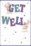 Charming and spirited, this illustrated get well card features two lovable characters-a teddy bear and a perky puppy-working together to share a heartfelt message of care. The friends, depicted with fluffy fur in golden and chestnut tones, each cradle colourful, oversized letters that leap playfully from the page, spelling out 'Get Well.' The bold indigo and teal letters are set against a luminous cream background, their lively colour scheme radiating the cheerful energy you'd find at a bustling Welwyn florist on a market morning. Sprinkled throughout are scattered starbursts in shades of blue and violet, sparkling across the card with the same glint of optimism seen on sunny days near Welwyn Garden City's historic corners. The hand-painted, rounded typography and lovingly rendered animal features evoke an inviting, tactile presence, as if offering a gentle embrace. This card's warm, joyful scene is like a bouquet of hope delivered straight from Flowers Welwyn-an ideal companion when sending healing wishes, comfort, and local kindness to someone who needs it most.